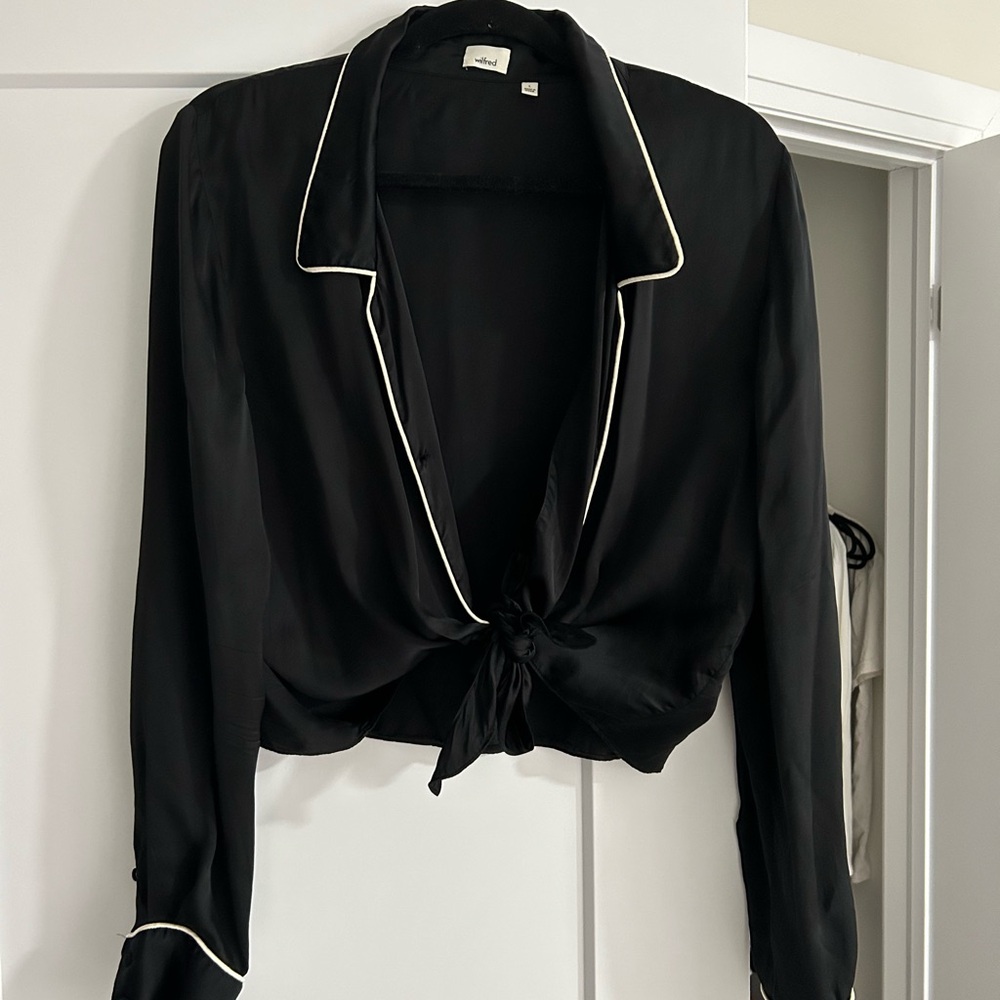 Black Satin Tie-Front Blouse